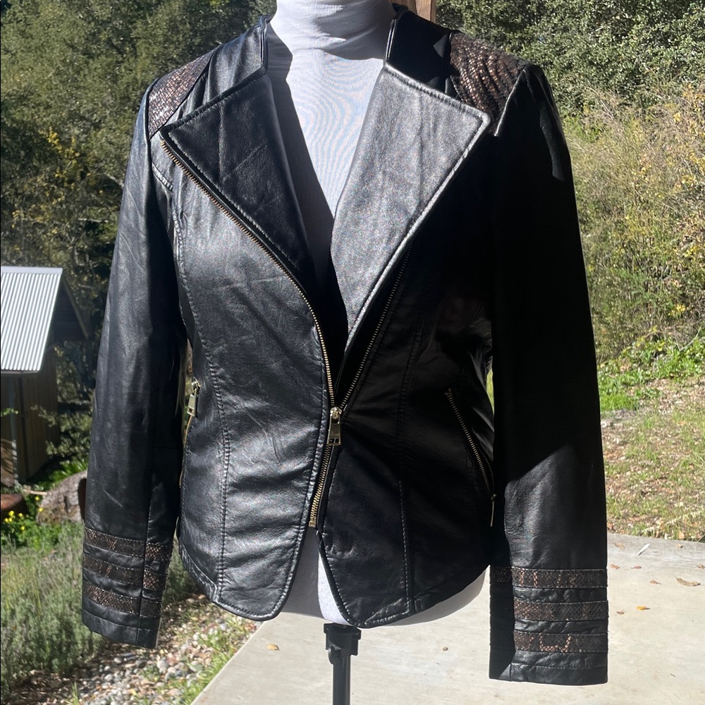 Bebe Black Leather Motorcycle Jacket with Fab Details